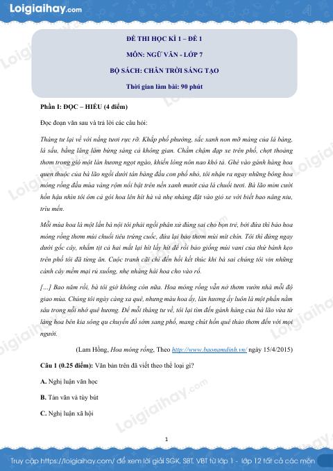 Đề thi học kì 1 Văn 7 Chân trời sáng tạo - Đề số 1